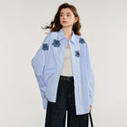 Striped Denim Floral Embroidered Blouse