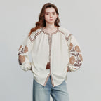 Embroidered Lantern Sleeve Blouse